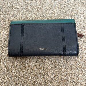 Fossil Navy Blue & Turquoise Leather Wallet Gold Hardwear